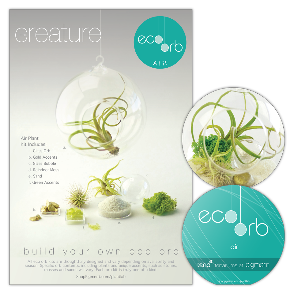Product package design for the build your own eco orb terrarium kits sold at Pigment. Includes a 2-sided box sleeve showing kit contents along with a die-cut orb shape instruction booklet.